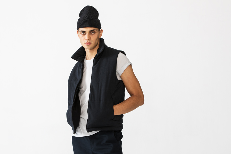 Outlier - Experiment 045 - Doublewool Hooded Vest (hands in pockets)