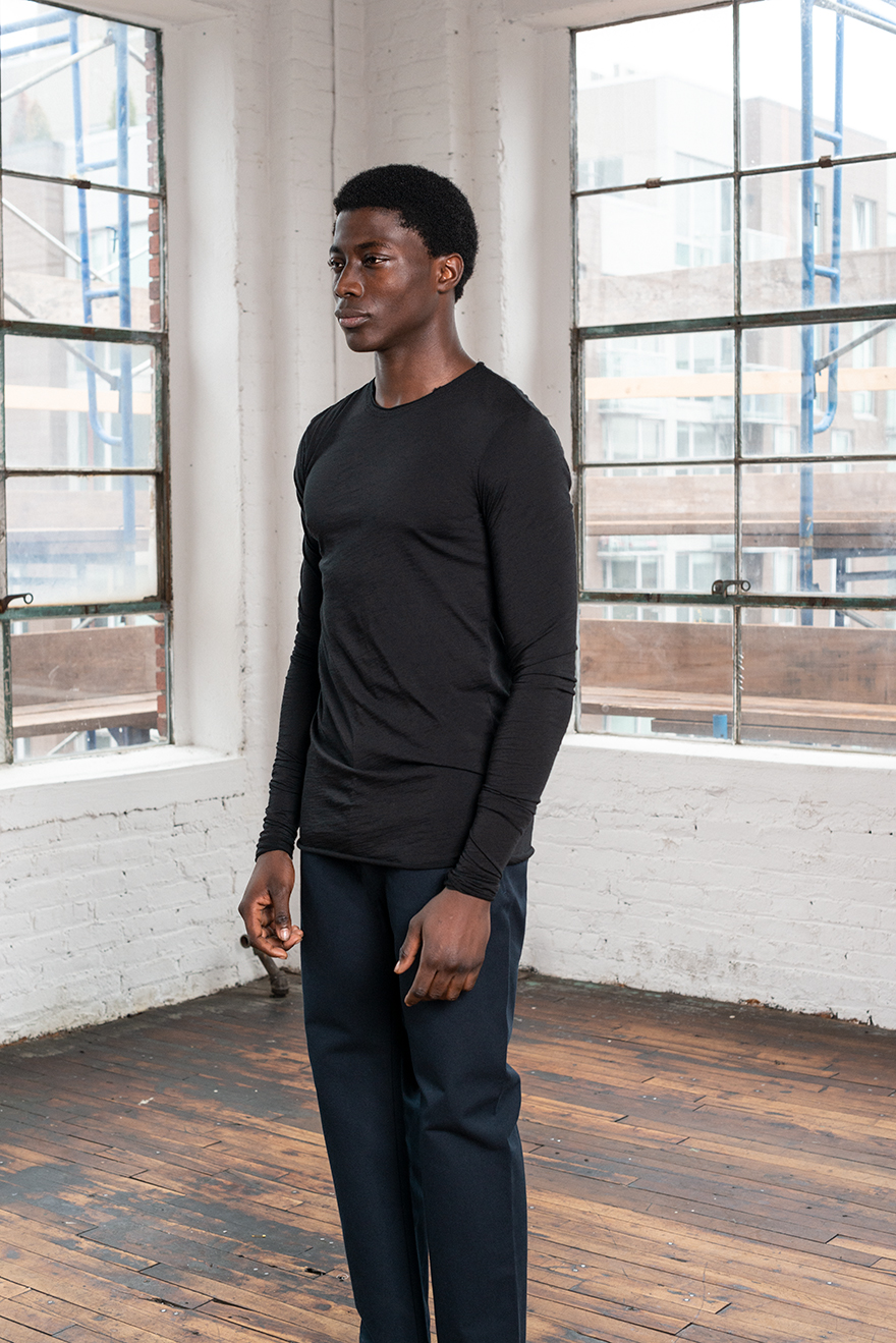 Outlier - Experiment 215 - Dreamweight 110 Merino Raw Cut Longsleeve (Fit, Angle)